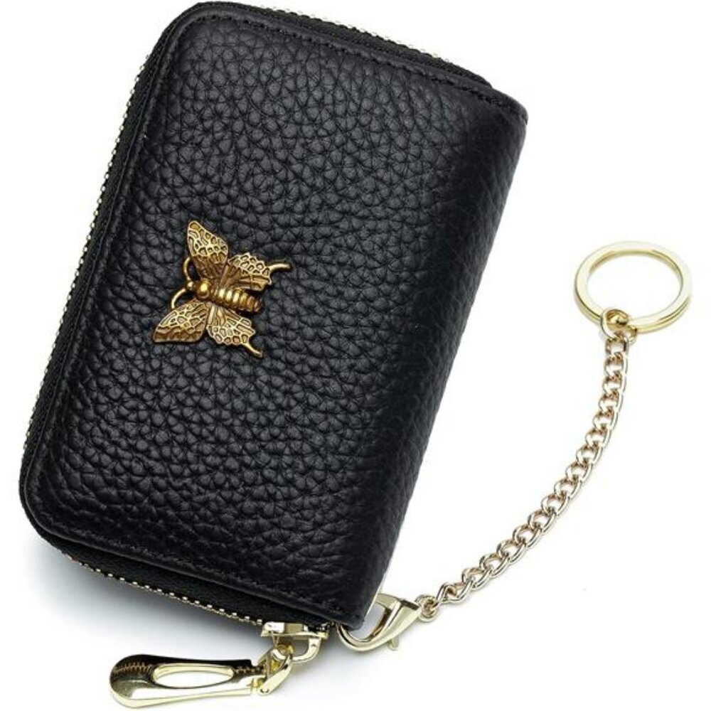 Leather RFID Card Holder Wallet for Women Zipper Keychain Credit Case